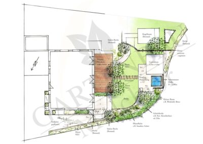 Anlagenplanung mit integriertem Gartenhaus und Poolstellfläche Staudenbeetplanung Einbindung bestehender Gehölze